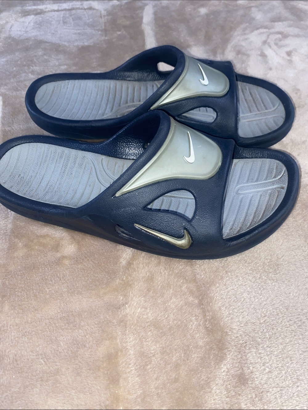 Nike Slide Sandals in Navy and Light Gray with silver Accents